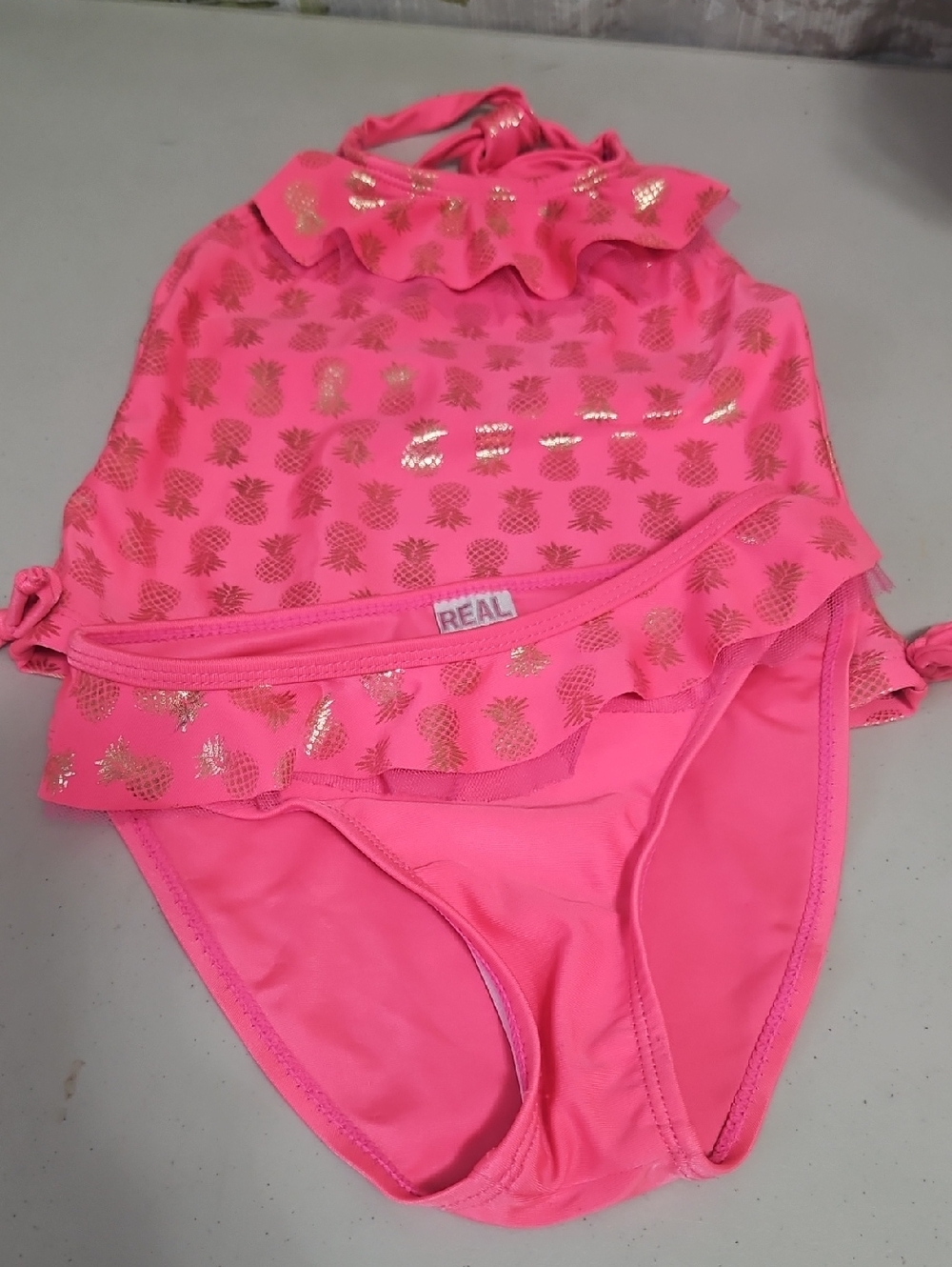 Real LOVE pink Metallic Swim Bikini Size 4T Hot Pink Base 2 Piece Set